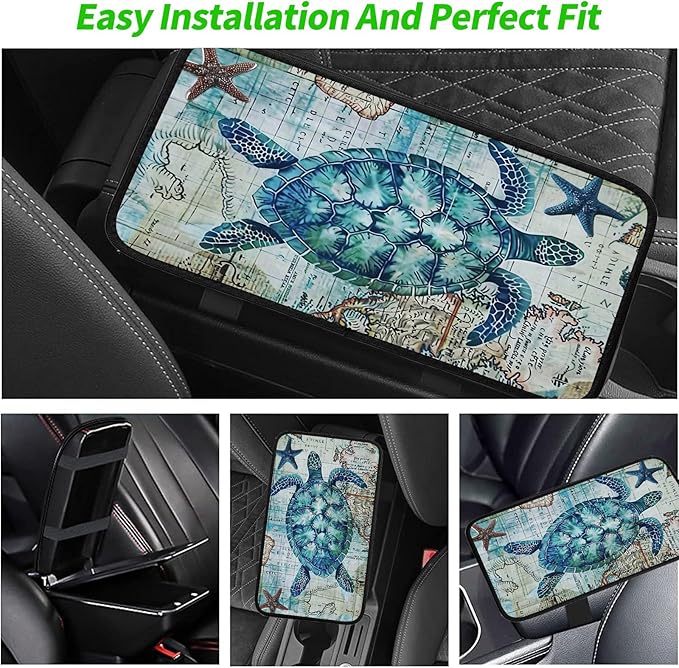 Car Armrest Cover Pads Universal Fashion Cute Auto Center Console Armrest Cover Pad with 2PCS Car Coasters Soft Waterproof Car Armrest Seat Protector for Women, Sea Turtle Starfish