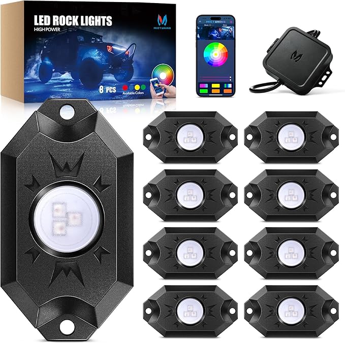 MICTUNING 2nd-Gen CM RGB Rock Lights - 8 Pods Waterproof Multicolor Neon Underglow Kit with Bluetooth App Control & Music Mode for Trucks Pickup UTV SUV ATV（2 Year Warranty）