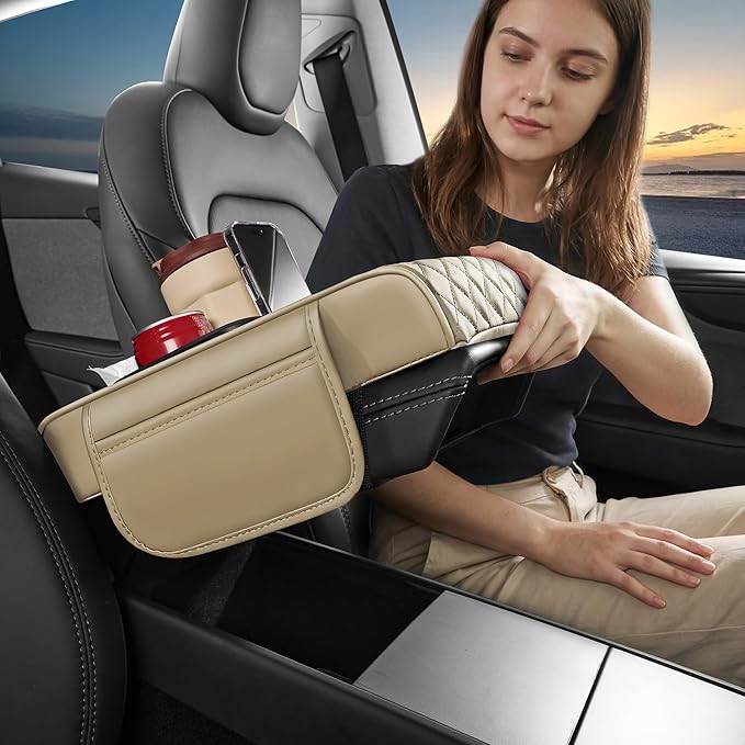 5 in 1 Car Center Console Cover, Armrest Pad with 2 Storage Pockets, Cup Holder, Tissue Box Slot, Phone Holder, Universal Car Interior Organizer (Beige)