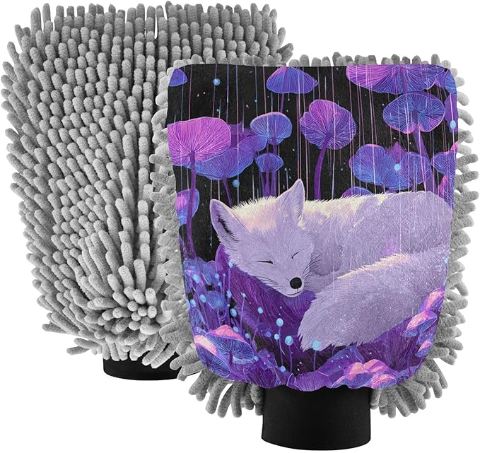 Emelivor Sleeping Fox Mushroom Fall Violet Car Wash Mitt Microfiber Cleaning Gloves Scrub Mitts Brush Scratch Free for Home Car Wash Kit 2-Pack