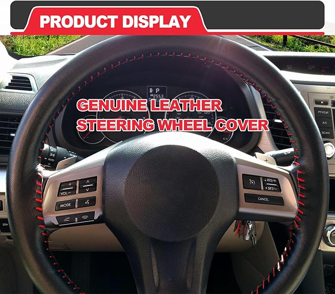 Direct Genuine PU Leather Steering Wheel Cover, 15 Inch Non-Slip Breathable/Soft and Comfortable Feeling, Genuine PU Leather Stitch On Wrap for Car Truck SUV - DIY Sewing with Needle Thread (red)