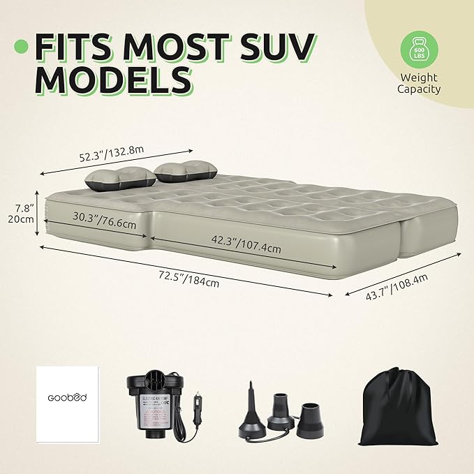 GOOBED Inflatable SUV Camping Mattress with Pump & Accessories, 10-Inch Thick Air Bed with Pillows, Storage Bag & Patch Kit, Fits 4Runner, Jeep, and Most Midsize to Large SUVs (Gray)
