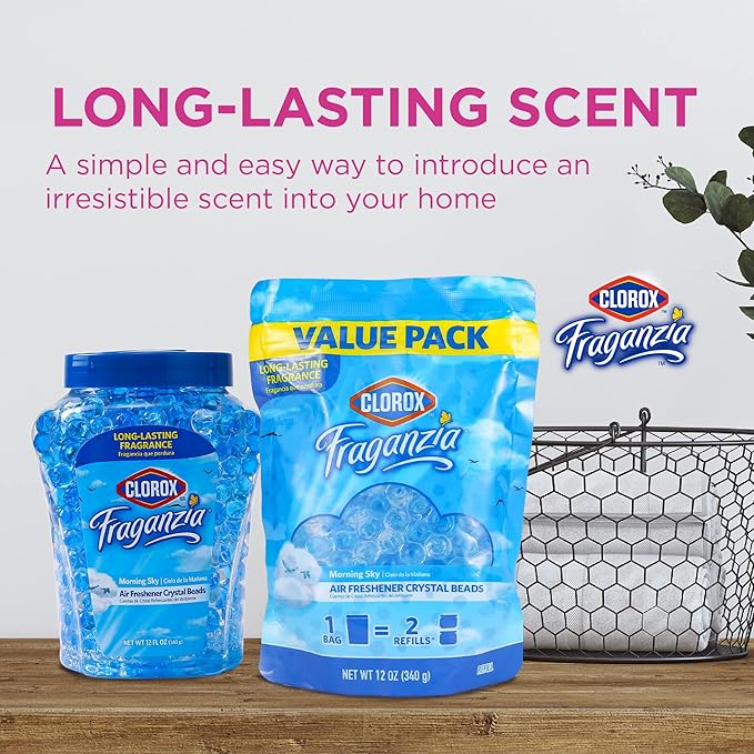 Clorox Fraganzia Crystal Beads Air Freshener, Long Lasting Room Deodorizer and Odor Eliminator Gel Beads to Freshen Home, Car, or Office, Morning Sky Scent, 30 Fl Oz Resealable Pouch