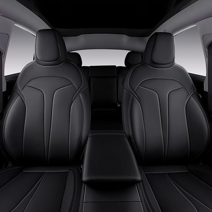 Custom Fit Seat Covers for 2025 2026 Tesla Model Y Juniper (5-Seater), Waterproof Breathable Nappa Leather, OEM Factory Style Full Set Car Seat Protectors Airbag Compatible - Black