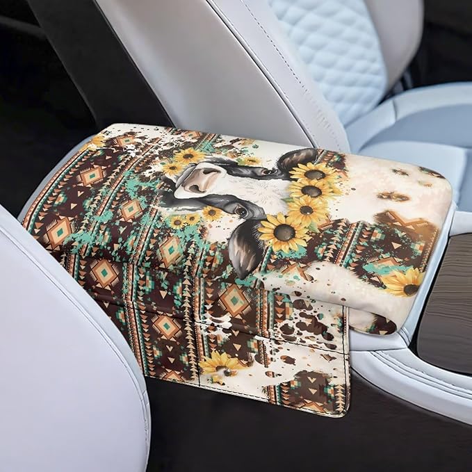 Tupalatus Aztec Car Armrest Cover Soft Cow Waterproof Armrest Seat Box Cover with 2 Storage Bags Car Center Console Cushion Pad Easy Installation Fit for SUV Truck Sedan Van