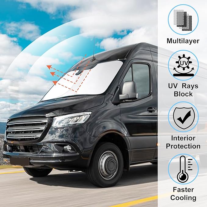 Windshield Sun Shade Foldable Sun Visor Protector Custom Fit 2007-2024 2025 2026 Mercedes Benz Sprinter Freightliner Cargo Crew Passenger Motorhome Accessories
