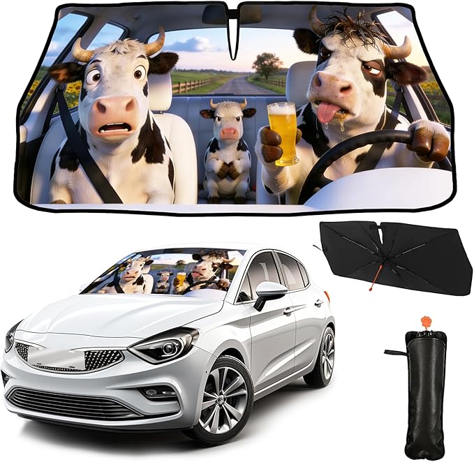 CHILL·TEK Funny Car Windshield Sun Shade Umbrella, Funny Cow Car Sun Shade Umbrella, Block UV Rays Heat Foldable Windshield Umbrella Sun Visor Protector - Keep Vehicle Cool for Cars SUV