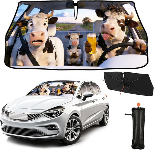 CHILL·TEK Funny Car Windshield Sun Shade Umbrella, Funny Cow Car Sun Shade Umbrella, Block UV Rays Heat Foldable Windshield Umbrella Sun Visor Protector - Keep Vehicle Cool for Cars SUV