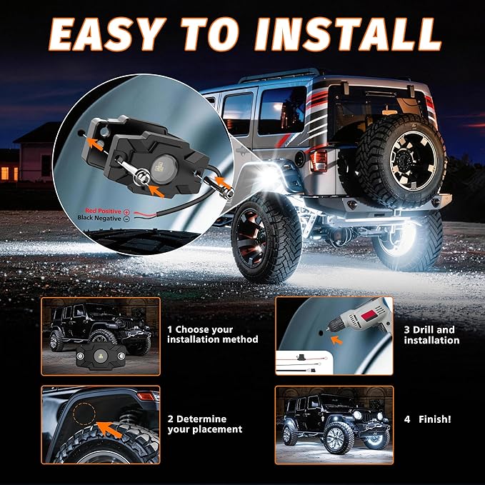 LED Rock Lights Trail Rig Lamp Rocklights 6500K Pure White LED Neon Underglow Lights IP68 Waterproof 9-24V for Off Road Truck Golf Carts ATV UTV SUV SXS RV Motorcycle Boat (4 Pods)