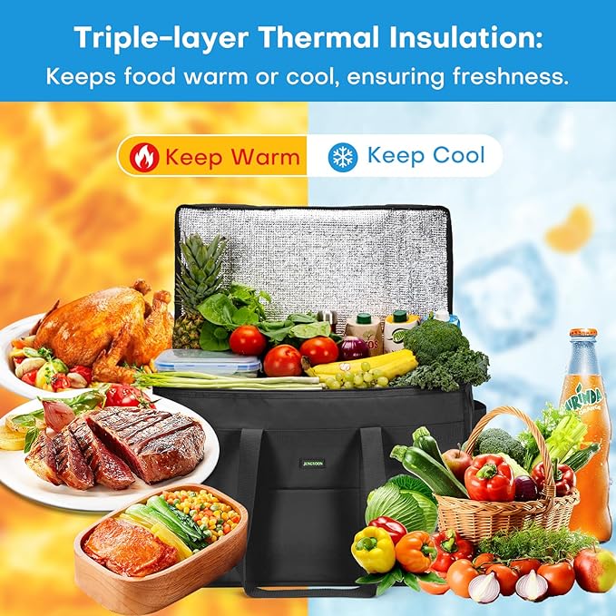 JUNGYOON Heavy-Duty Insulated Grocery Bags & Insulated Bag – Collapsible Cooler Bag with Zippered Top