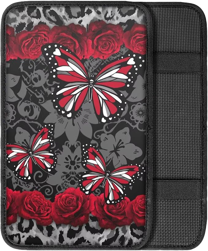 Butterfly Rose Print Center Console Armrest Pad for Cars Dust-Proof Anti-Slip Armrest Seat Storage Box Mat for Car Interior Decor, Easy to Install