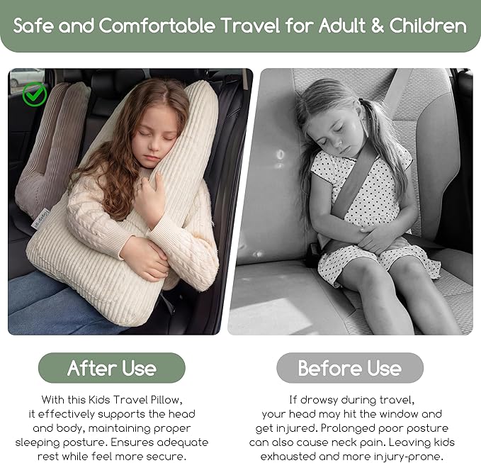 HIGOGOGO Washable Travel Pillow, Car Pillow for Kids & Adults, Travel Pillows with Removable Soft Cover and High-Support Foam, Fix Neck and Body Sitting/Sleeping on The Trip, Beige