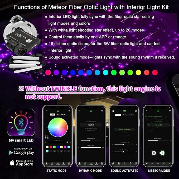 AKEPO 3-in-1 Starlight Headliner Kits: Meteor Effect+6W RGBW Fiber Optic Stars Lights+ 4 Car Under Dash LED Light, Music Sync App Control Optical Fibers 295pcs Mixed Diameterin 9.8ft