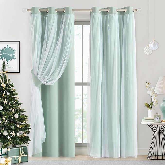 Bujasso Aqua 80% Blackout Curtains with Sheer Overlay Mix and Match Double Layer Thermal Insulated Window Panels 95 inch for Living Room Bedroom Mint Green Drapes with Tiebacks Grommet Top 37"Wx95"Lx2