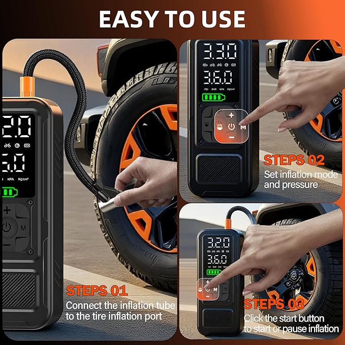 Y34 Tire Inflator Portable Air Compressor,4X Faster Inflation,8000mAh Cordless/12V DC 150PSI Air Pump with Digital Pressure Gauge for Car,Motorcycle,Bike,Ball Easter Gifts for Him