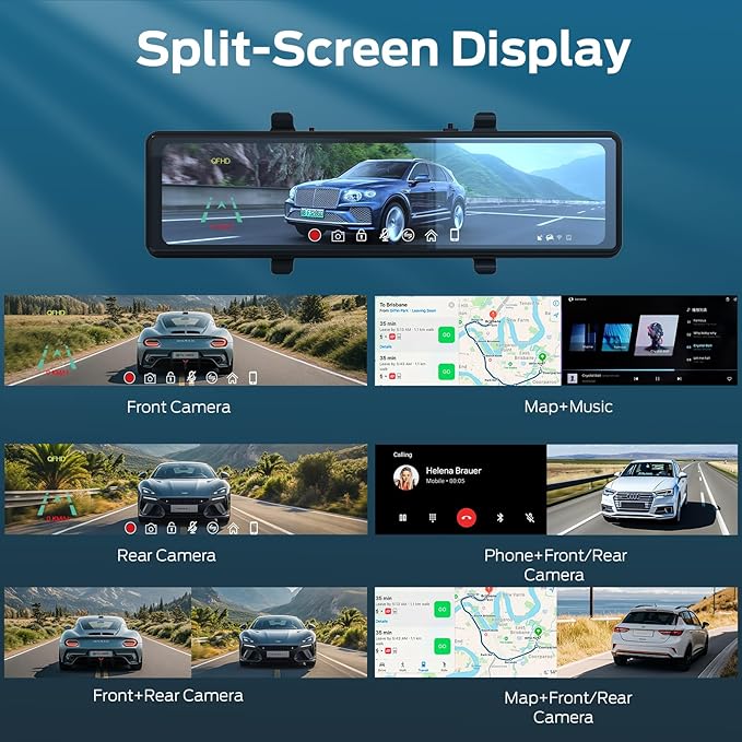 KBD 11.26'' 4K Smart Rear View Mirror Dash Cam Front and Rear, Android Auto Carplay with Backup Camera for Car Recording Parking Assistance Night Vision