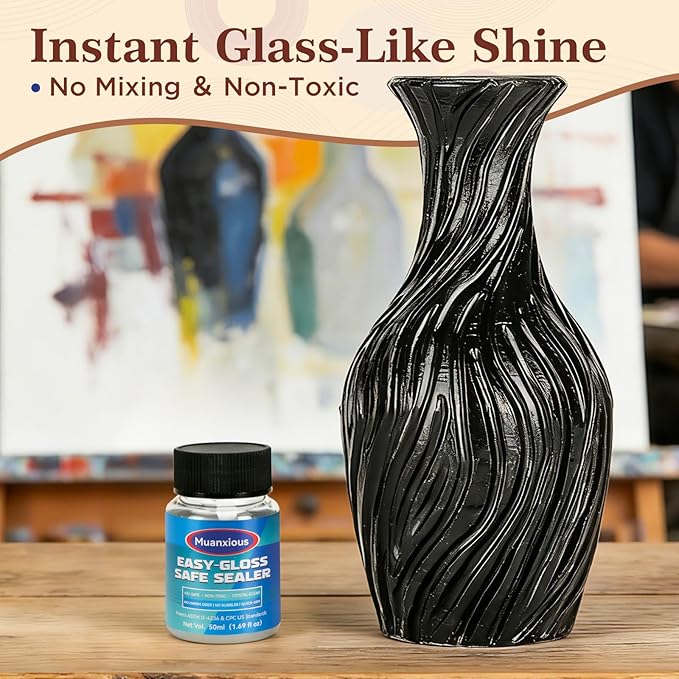 Muanxious Air Dry Clay Glaze — No-Tack High Gloss Waterproof Clear Varnish & Sealant, ASTM D-4236, Low Odor, Anti-Yellowing, 50ml (1.69 fl oz)