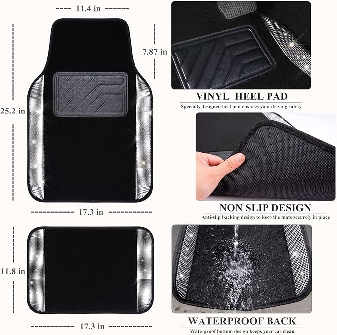 CAR PASS Bling Diamond Car Floor Mats, Shining Rhinestone Carpet Sparkly Glitter Crystal with Anti-Slip PVC Heel Pad Waterproof Universal Fit Automotive SUV,Sedan,Van,Cute Girl Women,4pcs Black Sliver