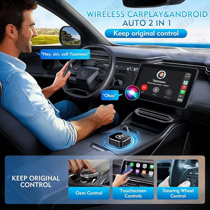 Wireless CarPlay Adapter, 2-in-1 Mini CarPlay & Android Auto Wireless Adapter, Plug & Play, Auto Connect, Car Accessories, Car Play Dongle Compatible with iPhone & Android