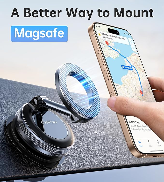Coolpow【Newest Vacuum Magnetic Phone Holder for Car Phone Holder Mount【Movable Vacuum Suction】 Magsafe Car Mount Cell Phone Holders for Your Car Accessories for Women Men for iPhone 17 16 15 14 Kits