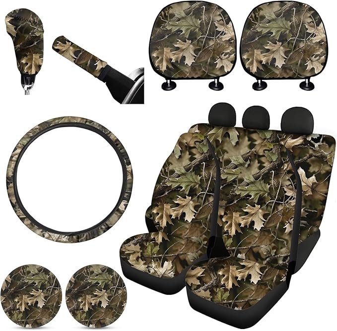 FKELYI Camo Car Seat Covers Full Set with Steering Wheel, Headrest, Gear Shift, Handbrake Covers and Cup Coasters - Withered Leaves Branches Camo Pattern