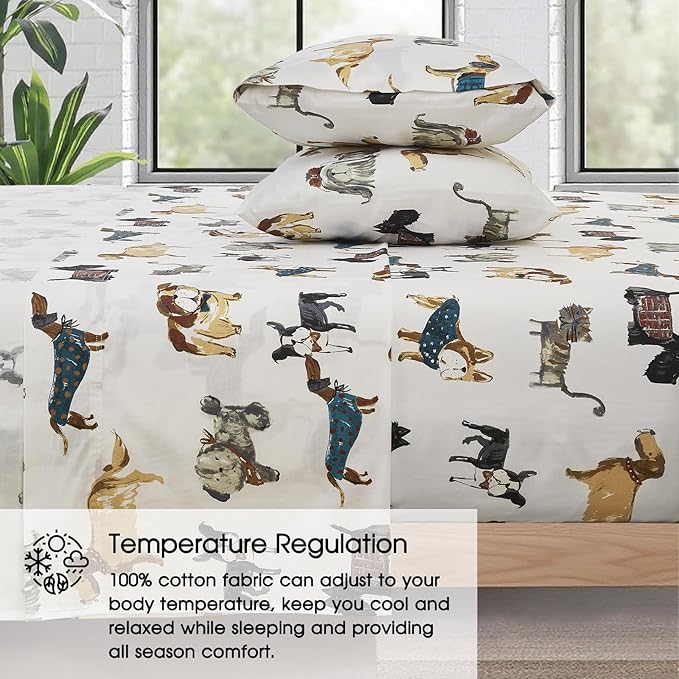 Ivellow Twin Sheets Set Kids 100% Natural Cotton Sheets Soft Breathable Lightweight Percale Bed Sheets 16" Deep Pocket Cartoon Dog Puppy Patterned Sheets Kids Twin Bedding Toddler Teen Dorm Essentials