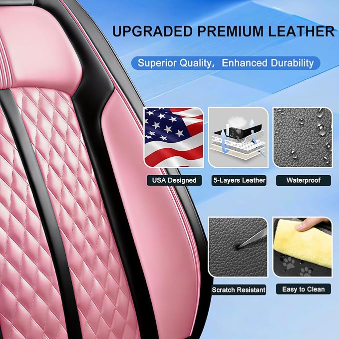 Fit Bolt Car Seat Covers for Select Chevrolet Bolt/Bolt EUV 2017-2025, Premium Full Coverage Leather, Airbag Compatible, Waterproof All Weather Seat Cushion Protector, Front Pair Black+Pink