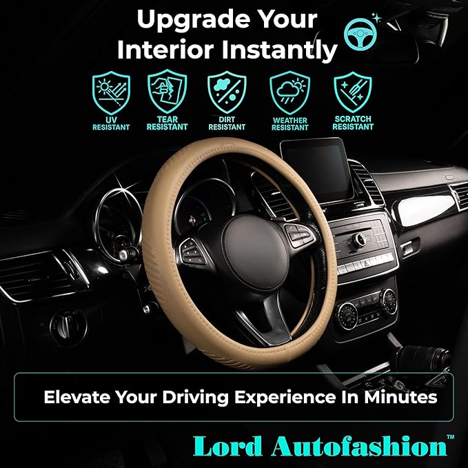 Lord Autofashion Steering Wheel Cover – PU Leather, Non-Slip Rubber Inner, All-Season Comfort – 14.5–15 Inch (Beige 9356)