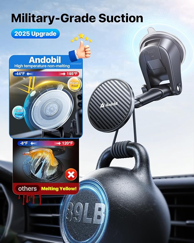 【Military-Grade】andobil 3 in1 Magnetic Phone Holder for Car Dashboard Windshield Vent 【Upgrade Suction & Strongest Magnet】Retractable for MagSafe Car Mount Mats for iPhone 17 16 15 14 Pro Max Sumsung