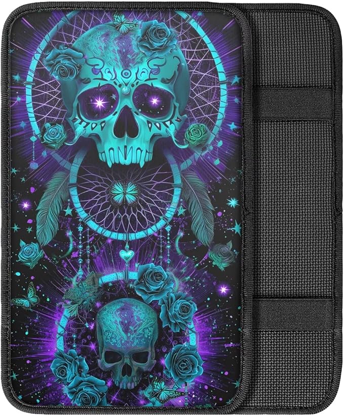 Neoprene Car Center Console Pad Skull Dreamcatcher Print Armrest Cushion Cover Dust-Proof Armrest Seat Box Cover for Most Vehicles Decorative Car Accessories for Women Men