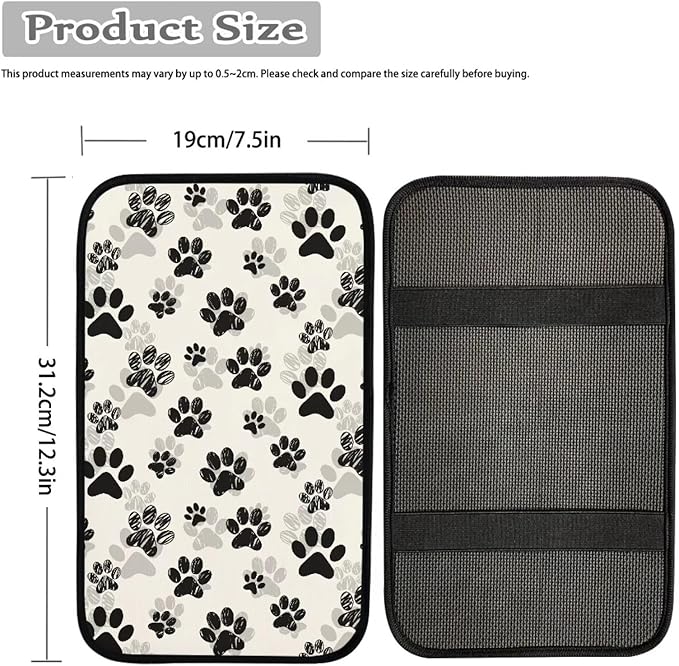 Dreaweet Black Dog Paw Print Car Center Console Cover for Women Cute Car Armrest Cover Center Console Cushion Pad Soft Comfy Arm Rest Cover for Car Truck SUV Van