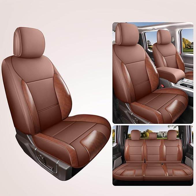 Red Rain Custom Fit for Ford F150 Super Crew/Crew Cab 2015-2025 XL XLT STX Brown and Orange Leather Car Seat Cover Full Set 5 Seater (F150-Brown+Orange)
