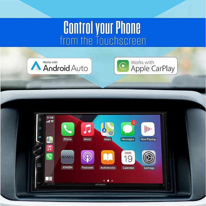 JENSEN J3CA7W-BUC 7-inch Certified Apple CarPlay Android Auto Wired or Wireless | Double DIN Touchscreen Car Stereo Radio | Bluetooth | Backup Camera Included | USB Playback & Charge