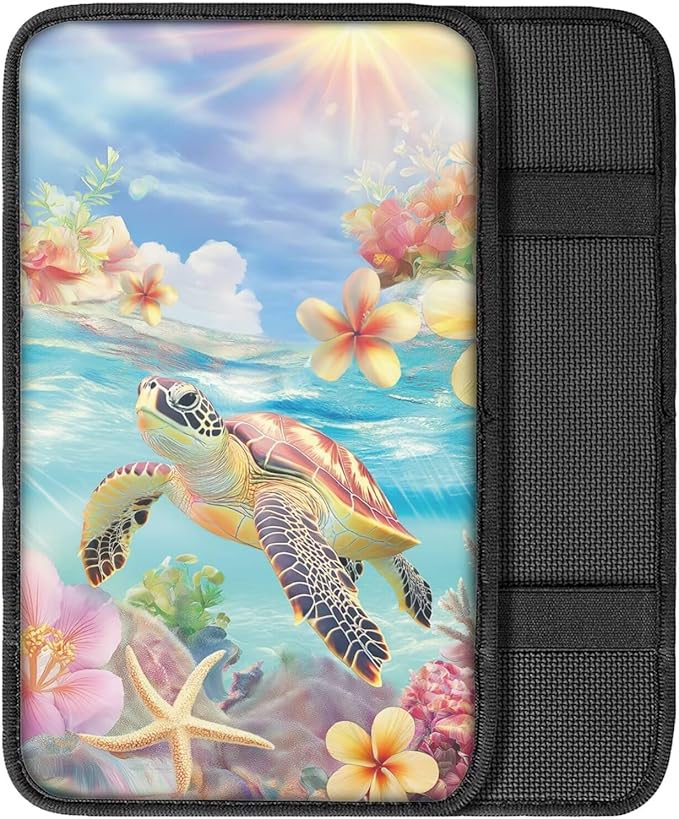 Suobstales Turtle Starfish Hibiscus Plumeria Print Car Armrest Pad Soft Center Console Arm Rest Protector Cover Universal Car Interior Accessories Decoration