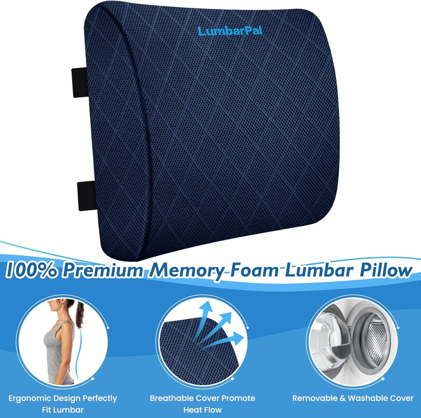 Lumbar Support Pillow for Office Chair Back Support Lumbar Pillow for Car, Gaming, Office Chair - Improve Sitting Posture & Back Pain Relief, Memory Foam, Adjustable Straps, Blue