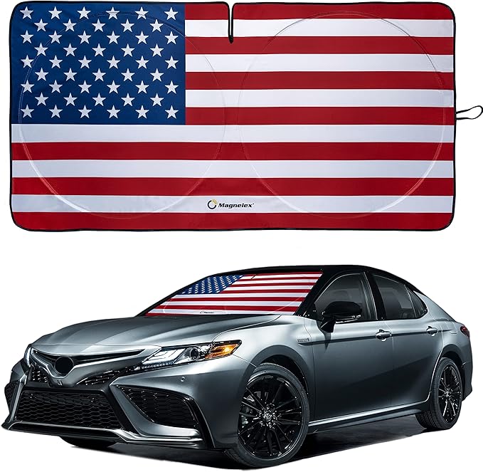 Magnelex American Flag Windshield Sun Shade, High-Resolution Car Sun Shield with Mirror Cut-Out for Automotive Interior Sun Protection Heat Reduction, Folding Car Sunshade - Large