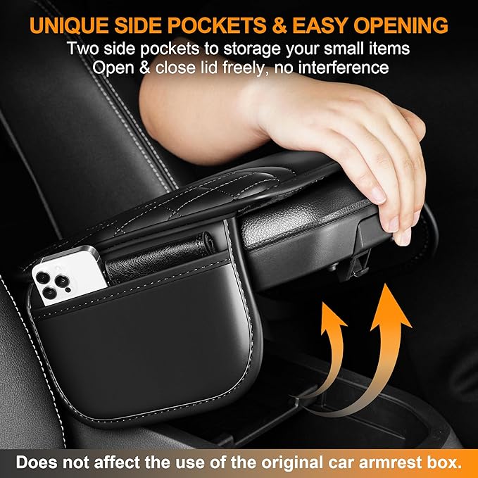 Car Center Console Cover Fit for Jeep Grand Cherokee - Leather Armrest Covers with 2 Storage Pockets(Black)