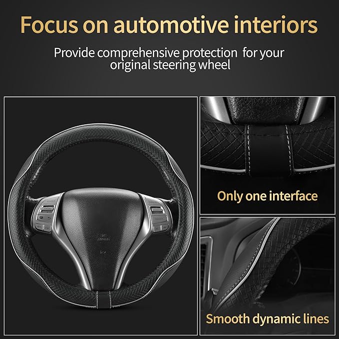 Leather Car Steering Wheel Cover,Anti-Slip, Safety,Soft, Breathable, Heavy Duty,Thick,Full Surround, Sports Style,Universal Car Accessories for Women Men Fit 14" 1/2-15"(Black with Gray line)