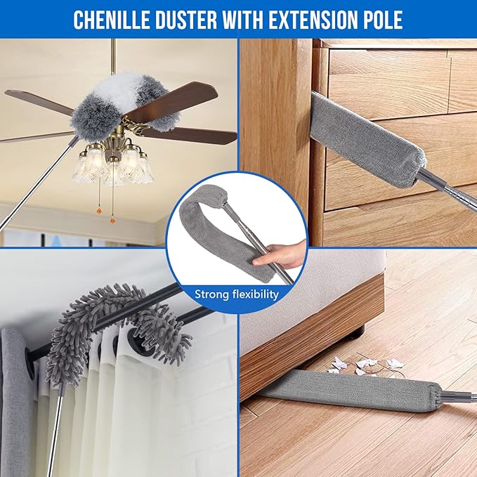 UIMO Microfiber Feather Duster Kit with Extension Pole (30–100") – Bendable Washable Heads, Extendable Dusters for Cleaning Ceiling Fan, High Ceiling, Blinds, Furniture & Cars (5 Pcs)