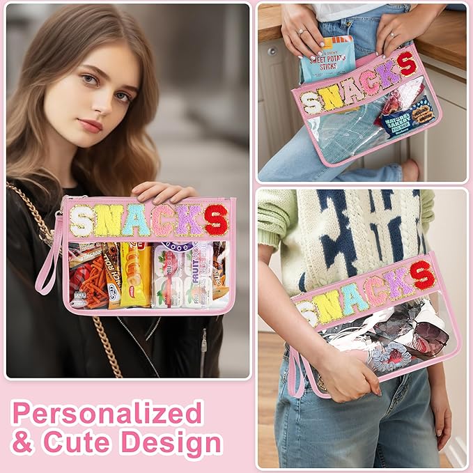 Snack Bag for Travel - Clear Chenille Varsity Letter Flat Pouch with Zipper, 12.2×8.46 inch Waterproof Clear Nylon Preppy Patch Makeup Cosmetic tote Bags for Women Girls