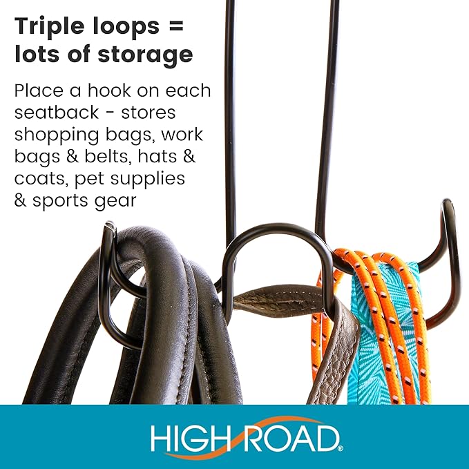 High Road Metal Car Hooks for Purses and Bags - Unbreakable Headrest Car Hooks for Large Purse Straps and Heavy Bags up to 40 lbs - Secure Attachment Loops Fit All Headrest Posts (Triple Hook 2-Pack)