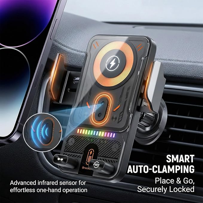 Motorized 90-Degree Rotating Wireless Car Charger Mount with Auto Clamping, 15W Fast Wireless Charging Air Vent Phone Holder for Most Smartphones (Gray)