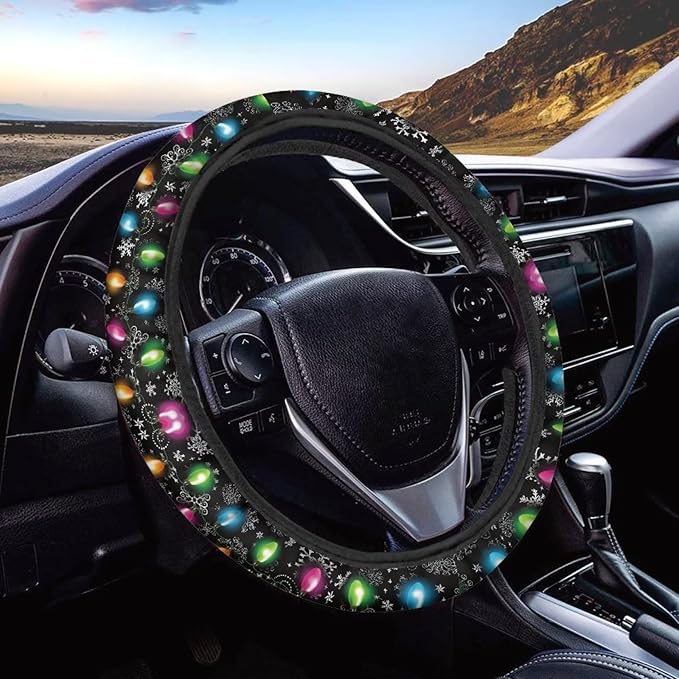 AFPANQZ Christmas Steering Wheel Covers Xmas Lights Print Car Steering Wheel Cover Universal Fit Almost Car Non-Slip Steering Wheel Covers Soft Sweat Absorbing Steering Wheel Protector Cover