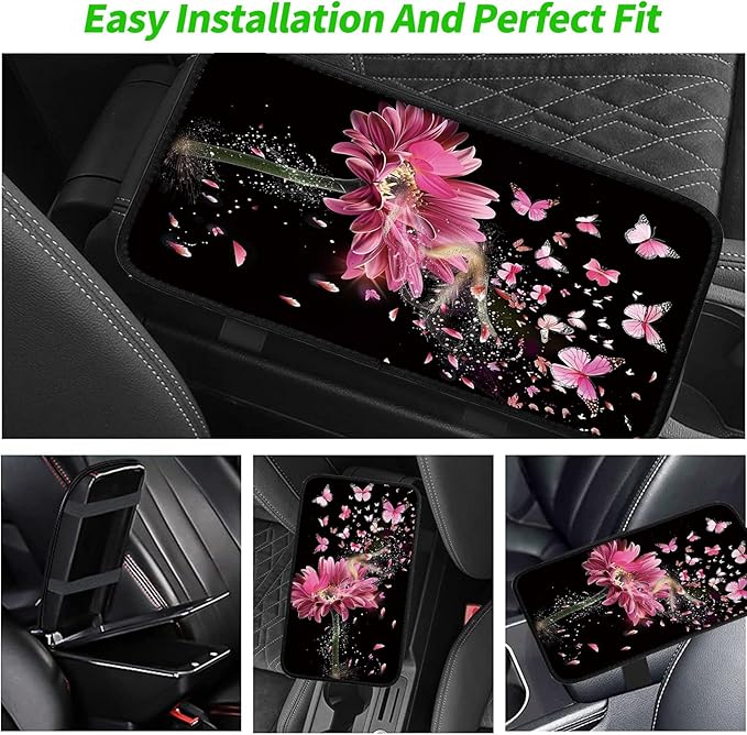 Car Armrest Cover Pads Universal Fashion Cute Auto Center Console Armrest Cover Pad with 2PCS Car Coasters Soft Waterproof Car Armrest Seat Protector for Women, Pink Gerbera Daisy Butterflies