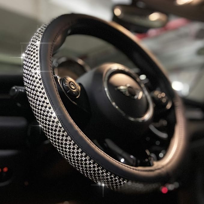 PINCTROT Bling Bling Comfy Steering Wheel Cover with Jumbo Crystal Rhinestones, Anti-Slip Diamond Leather, Universal 15 Inch (Black)