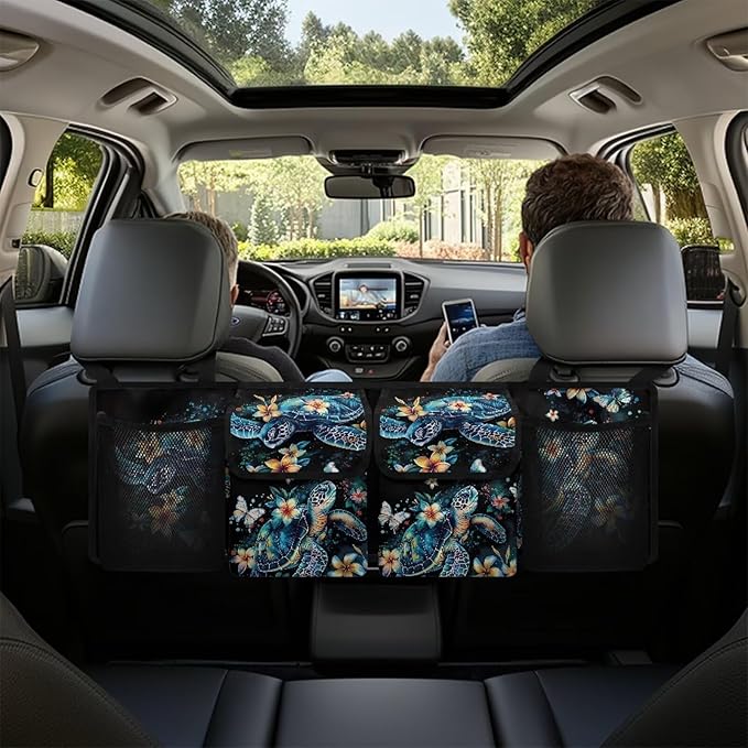Waterproof Car Trunk Organizer Plumeria Turtles with 4 Compartments Auto Hanging Seat Back Storage Large Capacity Multipurpose Cargo Accessory