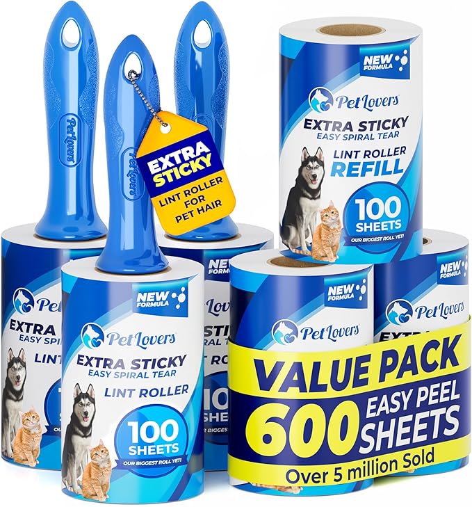 PetLovers Extra Sticky Lint Roller Mega Value Set 600 Sheets for Pet Hair Removal, Dog and Cat Lint Remover 6 Pack
