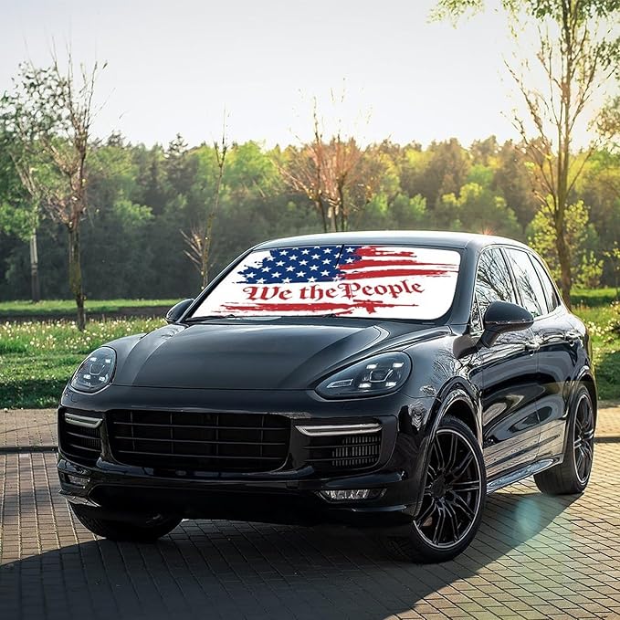 Socira Vintage USA American Flag Car Windshield Sunshade Umbrella Foldable Visor Umbrella Sun Shade Cover Sunshade Front Window Cover Car Accessories Blocks Uv Rays (57" X 30")