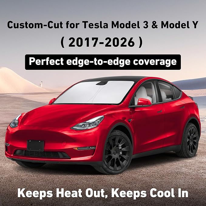 EcoNour Windshield Sun Shade Compatible for Tesla Model 3 & Model Y 2017–2026 | Custom Fit EV Front Window Sunshade | Foldable Heat & UV Reflective Sun Visor