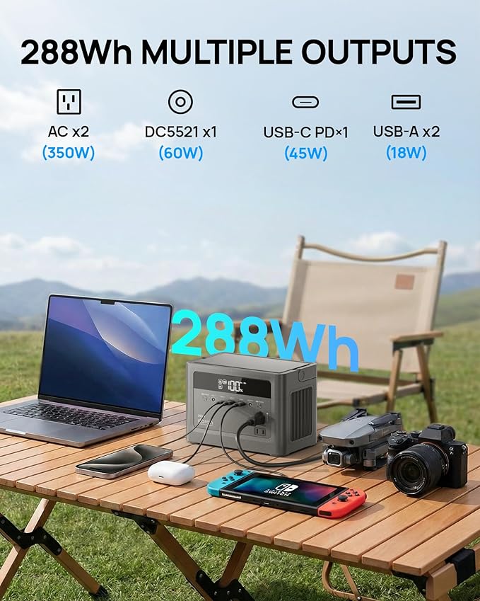 2026 Portable Power Station 700W Surge, 288Wh LiFePO4 Battery Backup, Power Bank with AC Outlet 350W/110V, Solar Generator Fast Charging for Camping Essentials, Hurricane Emergency, Home, Road Trips